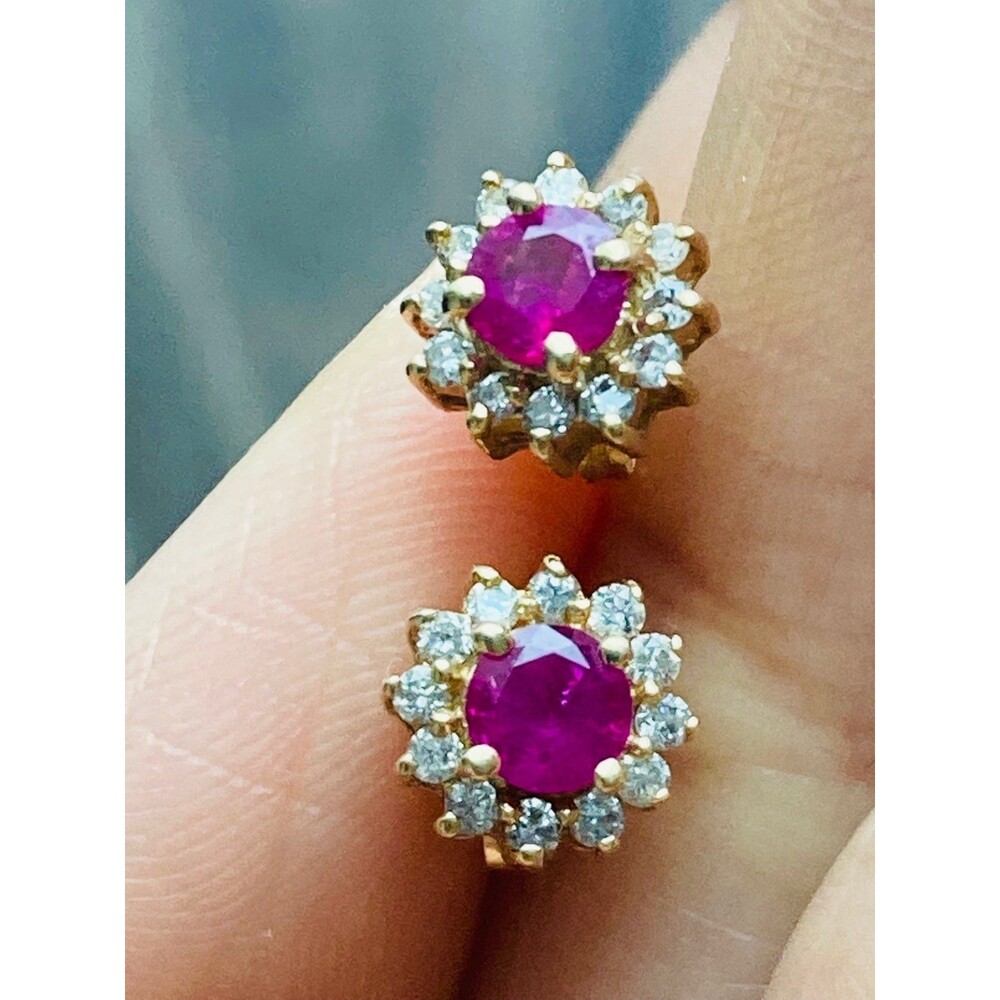 14k Solid Gold Genuine Ruby Diamond Earrings - image 2